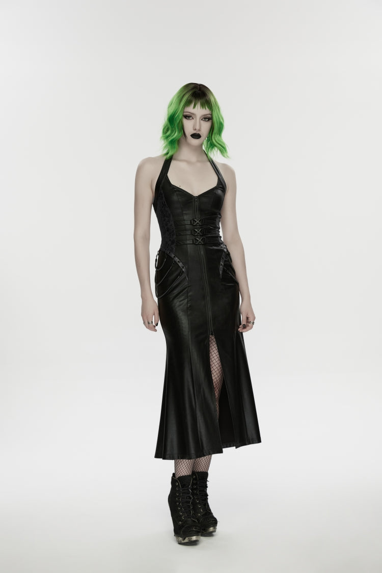 Bold Black Lace-Up Buckled Slim Sleeveless Halter Punk Gown