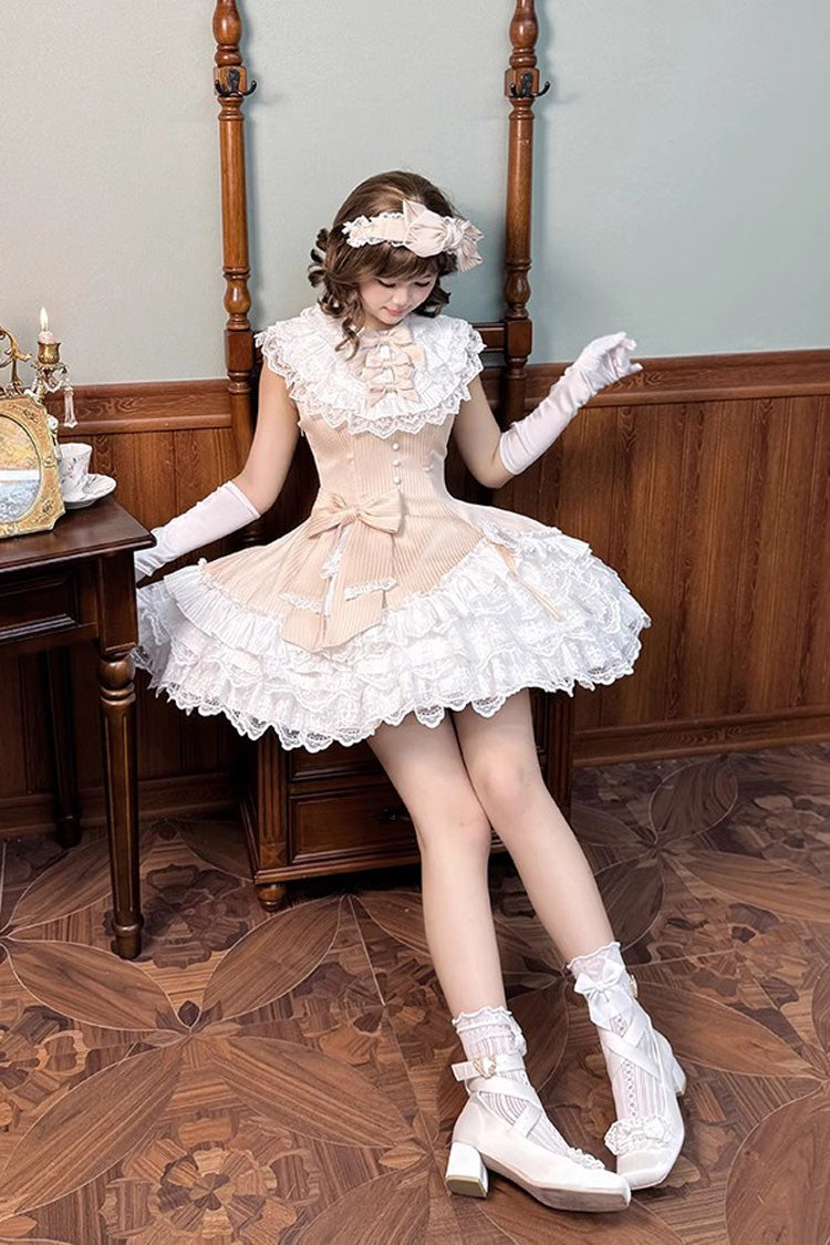 Champagne Asymmetric Lace Bow Sleeveless Multi-Layer Ruffle Sweet Lolita Dress - Miss Tsundere