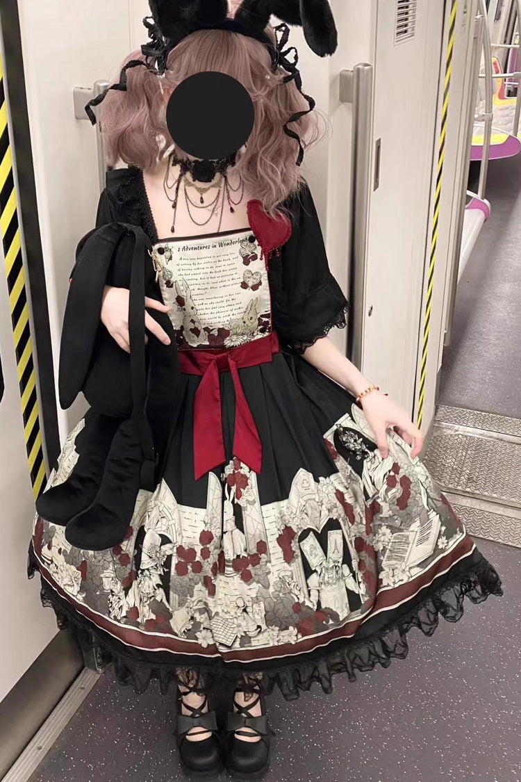 Black Print Bow Lace Gothic Lolita Dress - Two Versions