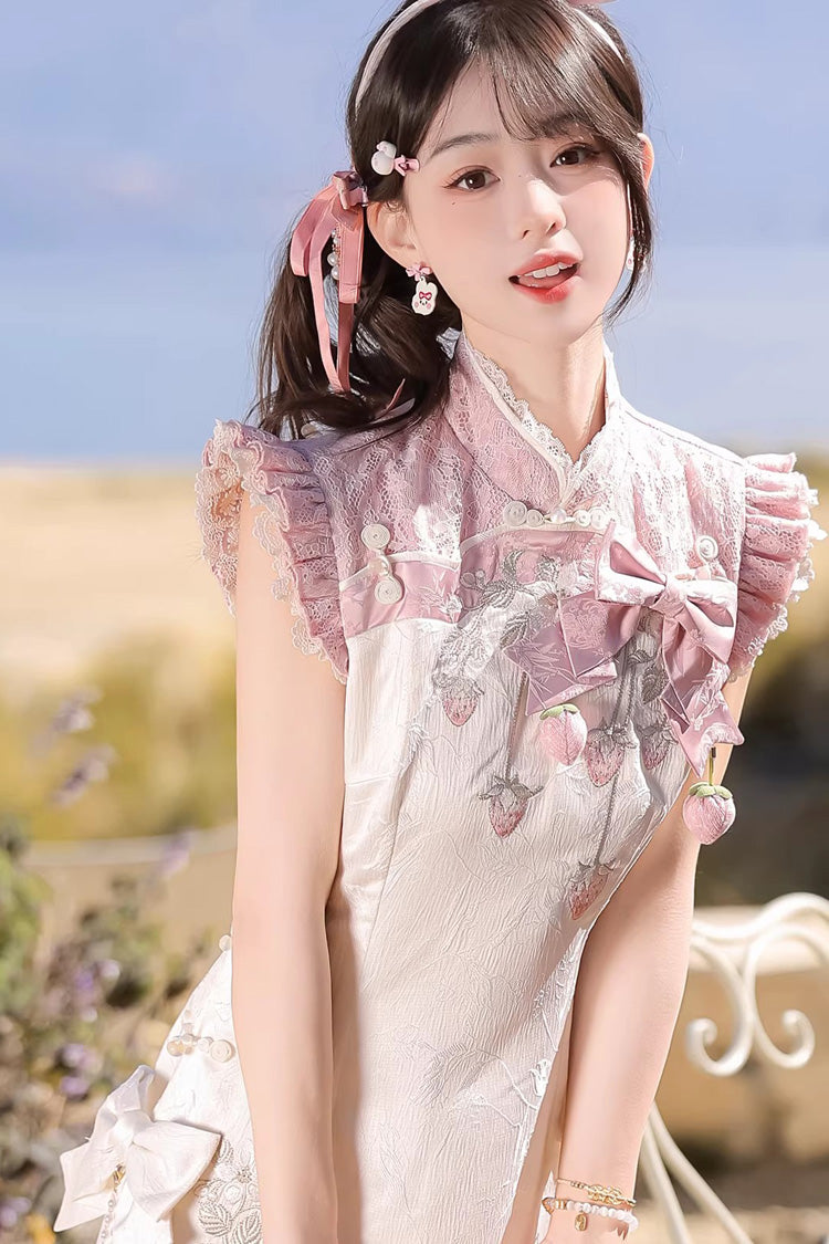 Ivory and Pink Spring Strawberry Stand Collar Ruffled Embroidered Lace Color-Blocked Chinese Sweet Lolita Cheongsam