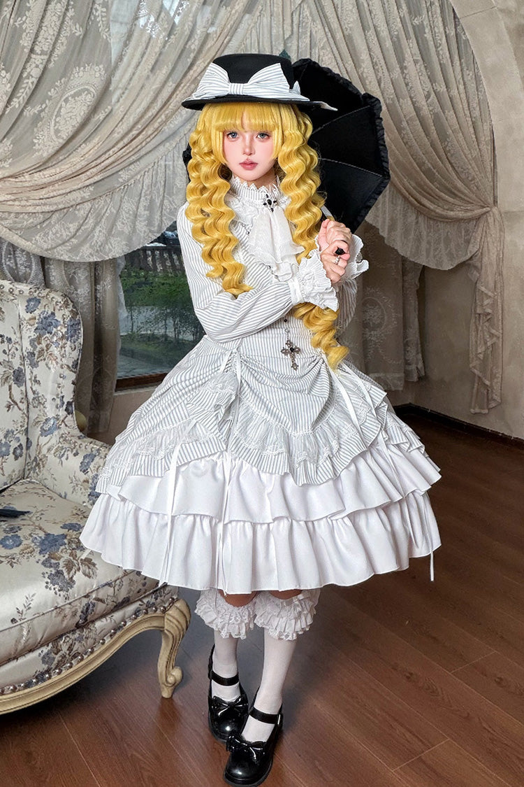 Ivory Manor Point High Collar Long Sleeve Striped Ruffle Hem Gothic Gown