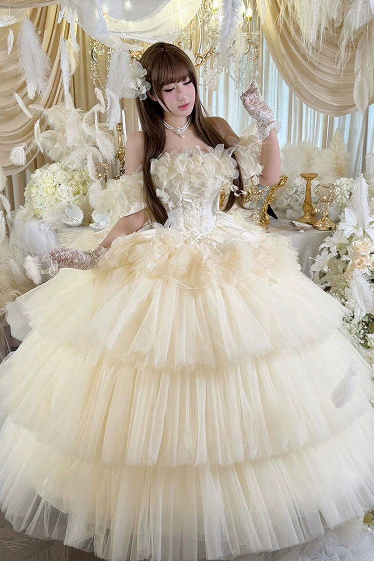 Apricot Sweet Lolita JSK Long Dress with Triple-Layer Ruffled Hanayome Bow Lace-Up and Sleeveless Design