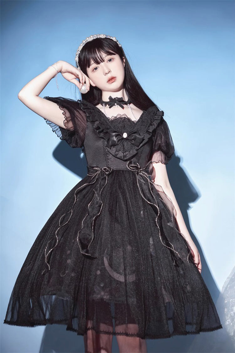 Black Planet Butterfly Printed Gothic Lolita Dress - High-Waisted Ruffled Lace