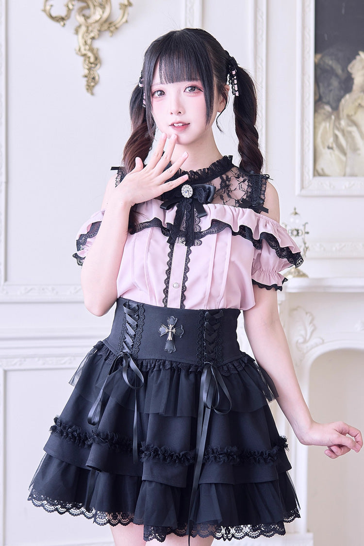 Hollow Bowknot Off-Shoulder Blouse - Jirai Kei Style