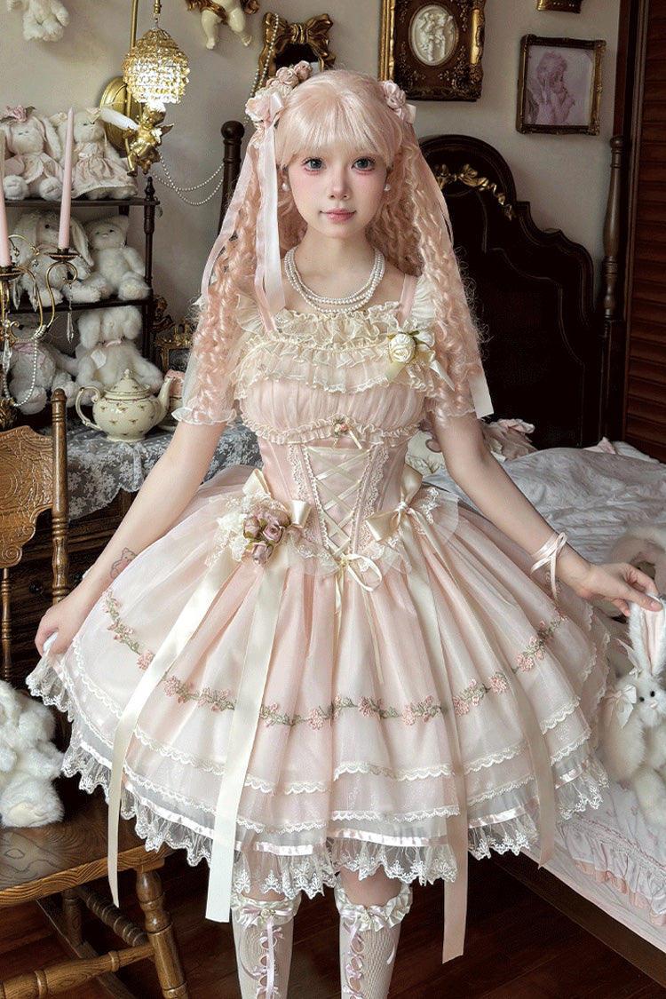 Ballet Lolita JSK Dress with Multi-Layered Ruffles and Bow - Mist Champagne, 3 Colors