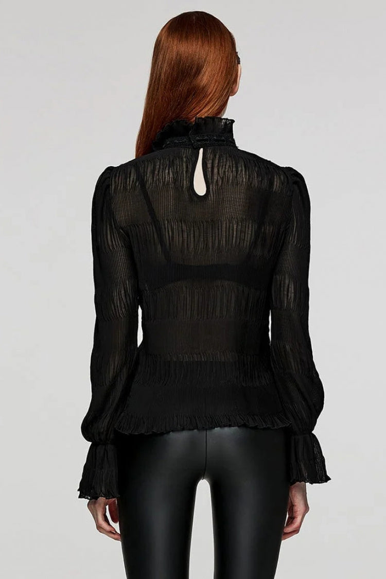 Jet-Black Gothic Blouse with Puffed Sleeves and Delicate Lace