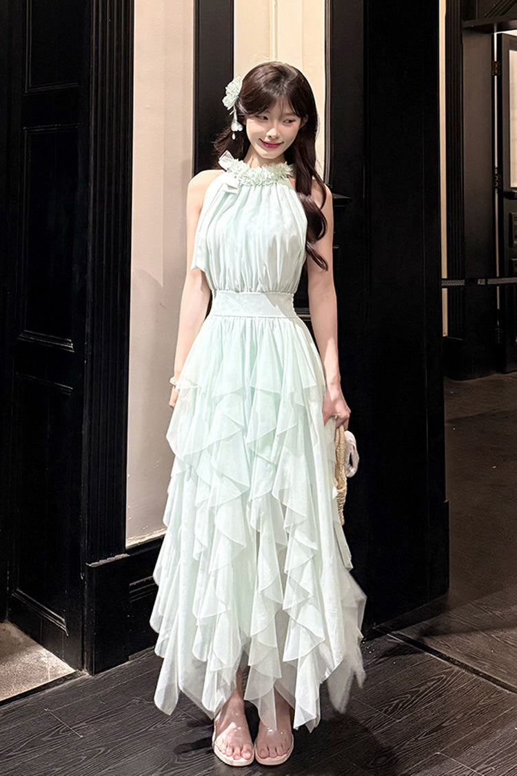 Green Halterneck Ruffled Irregular Sweet Dress