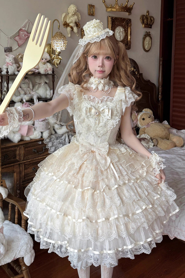 Sweet Apricot Sleeveless Layered Ruffle Hanayome Bow Lolita JSK Gown