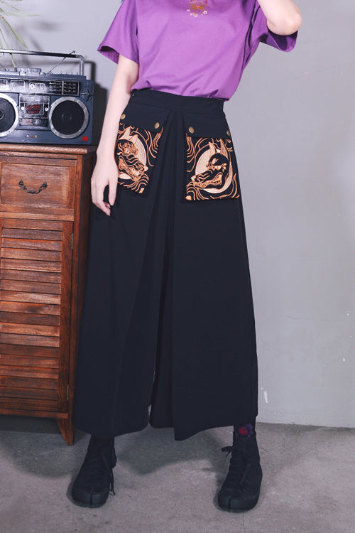 Demonic Embroidered Ouji Wide-Leg Trousers in Black