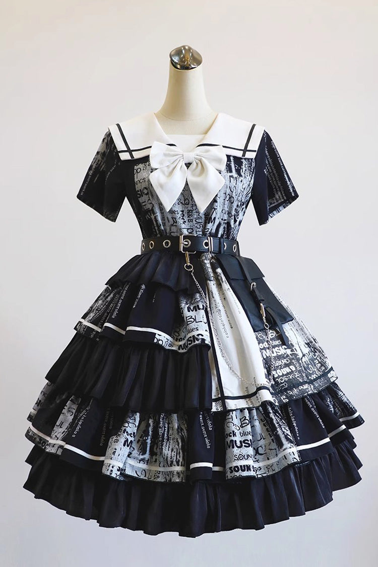 Black Short Sleeve Layered Ruffle Bowknot Asymmetric Punk Lolita Dress
