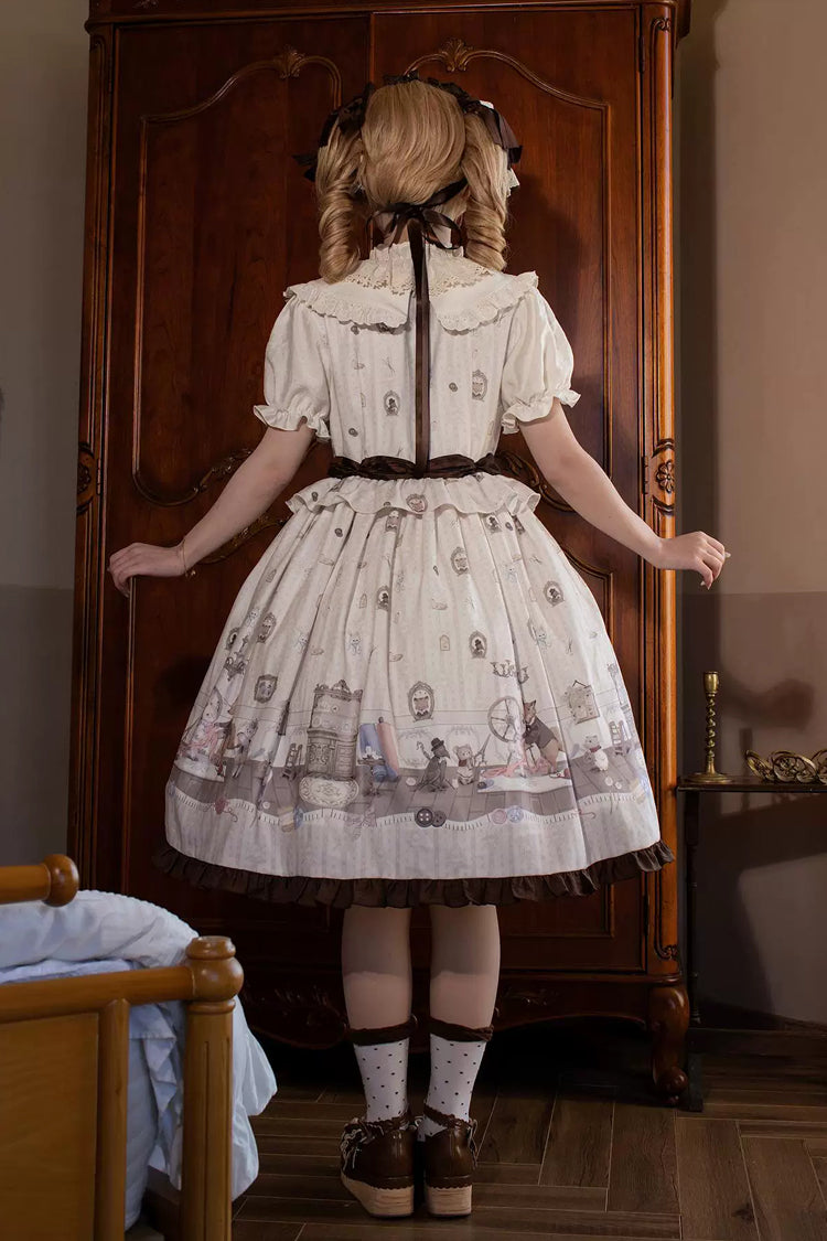 Cream Forest Tailor Shop Stand Collar Short Sleeve Printed Bow Frilled Sweet Lolita Dress