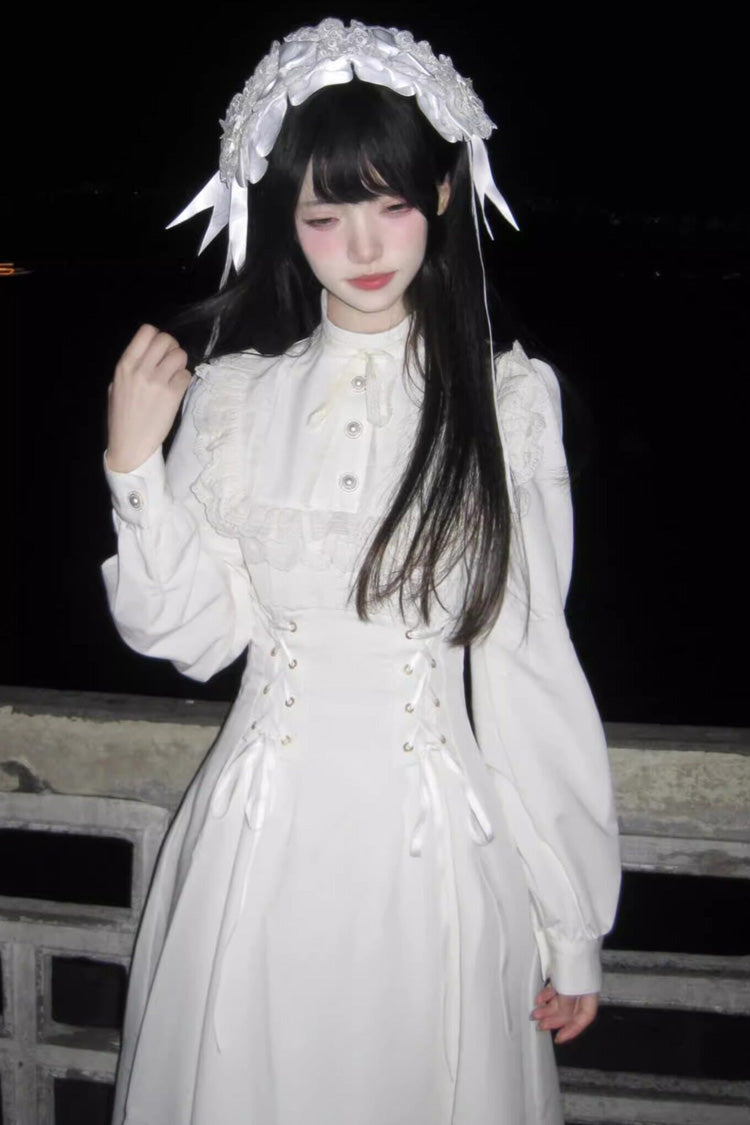 Gothic Apricot Stand Collar Long Sleeve Ruffled Lace-Up Midi Lolita Dress