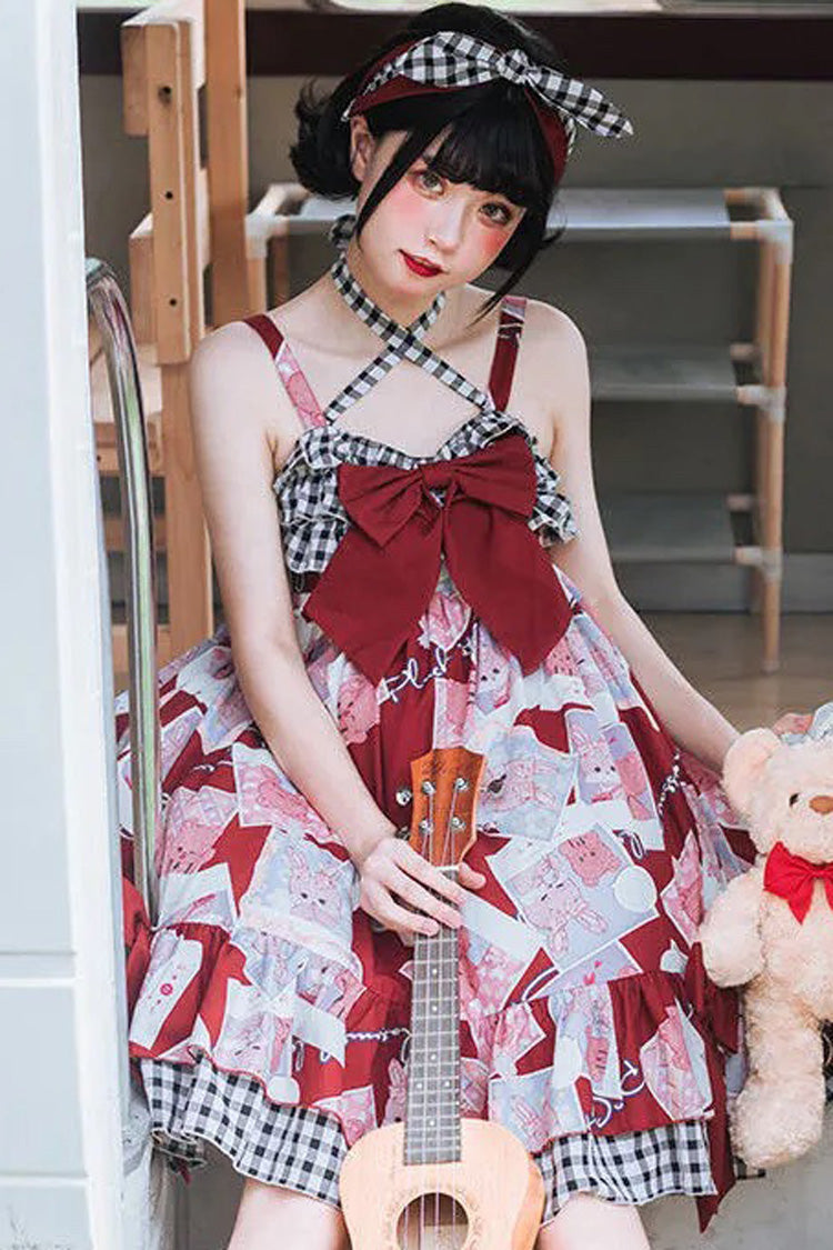 Ruffled Bowknot Print JSK Dress with Detachable Straps