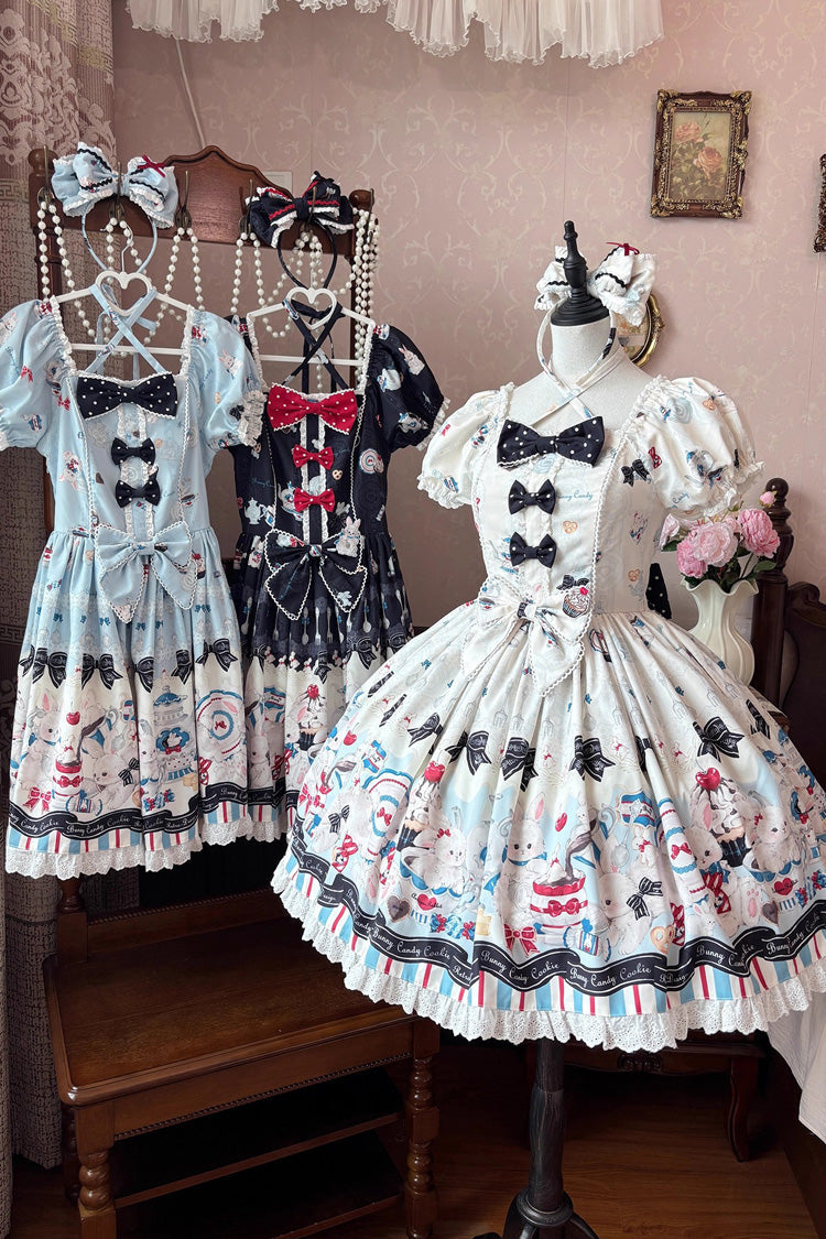 Square Collar Short Sleeve Print Ruffle Sweet Lolita Dress Black