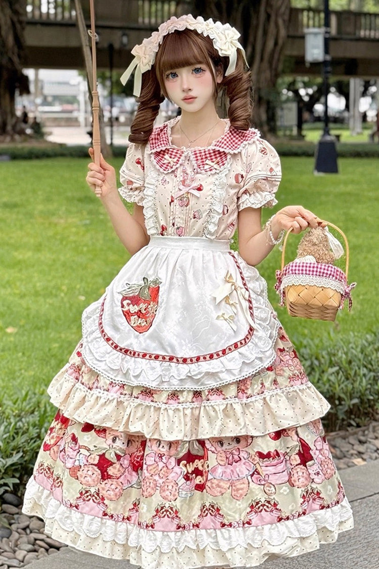 Cream Bear Strawberry Ode Print Short Sleeve Double-Layer Frilled Bow Princess Sweet Lolita JSK Dress