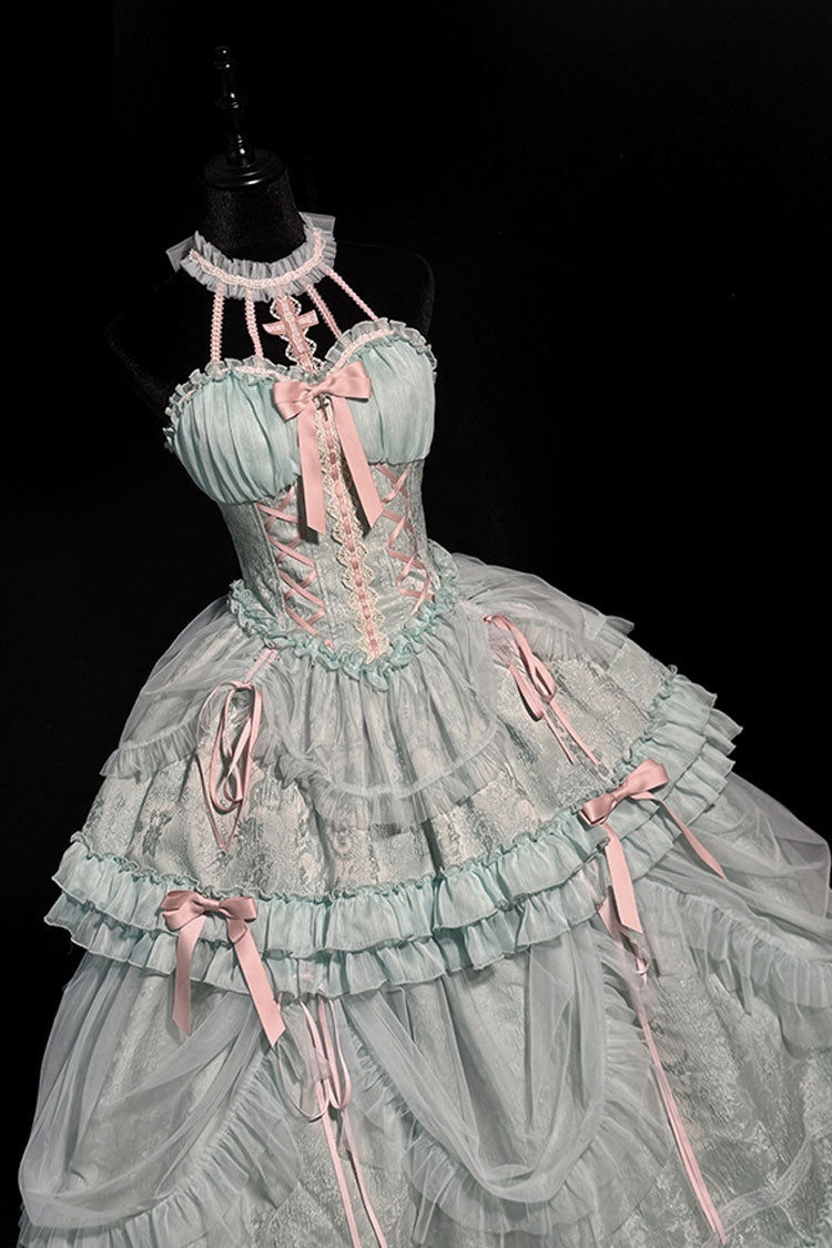 Green Cross Halterneck Lace-Up Sweet Lolita Dress - Ruffled Bowknot Lace