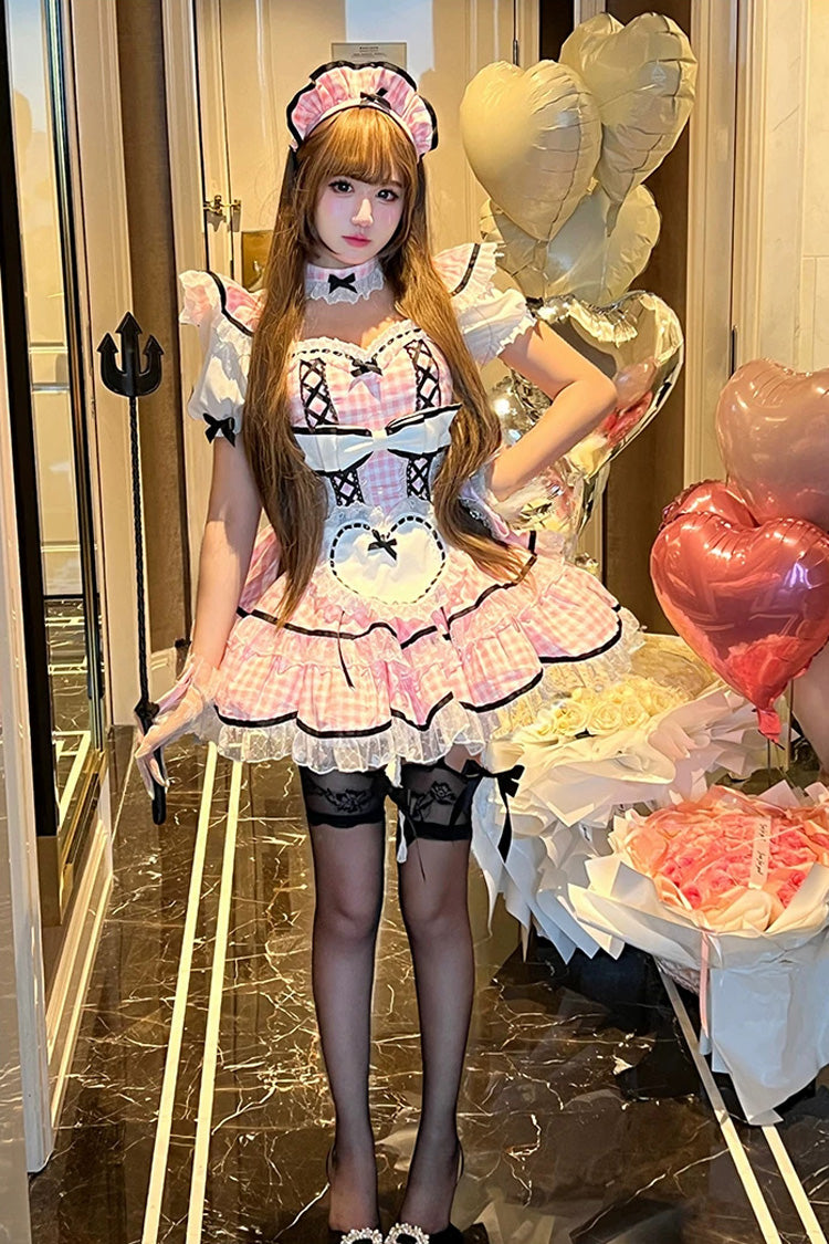 Sweet Lolita Maid Dress with Printed Ruffled Bow and Square Collar - Pink