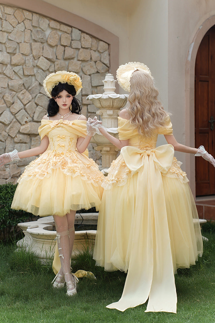 Yellow Off Shoulder Sweet Skirt with Lace and Bow - Sissi's Pilgrimage