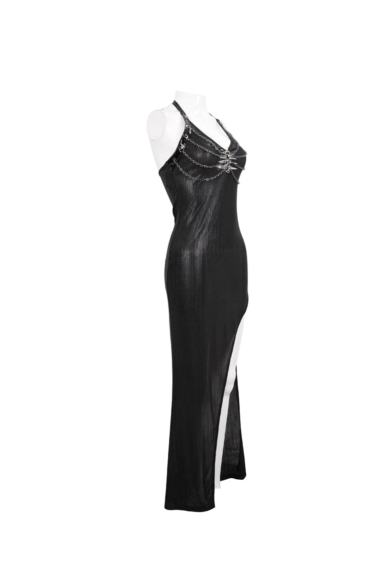Punk Dress with Cutout Chain Halter Lace High Slit Long