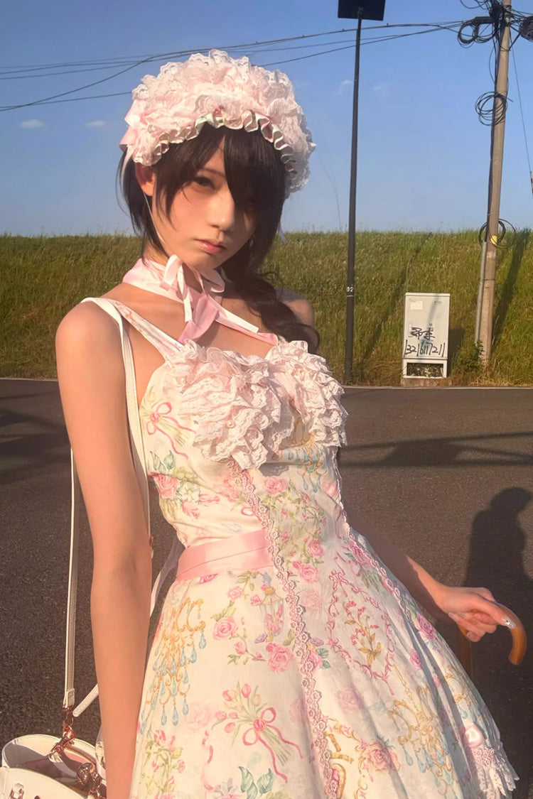 Ivory & Pink Sleeveless Floral Wall Print Lace Bow Sweet Lolita JSK Dress