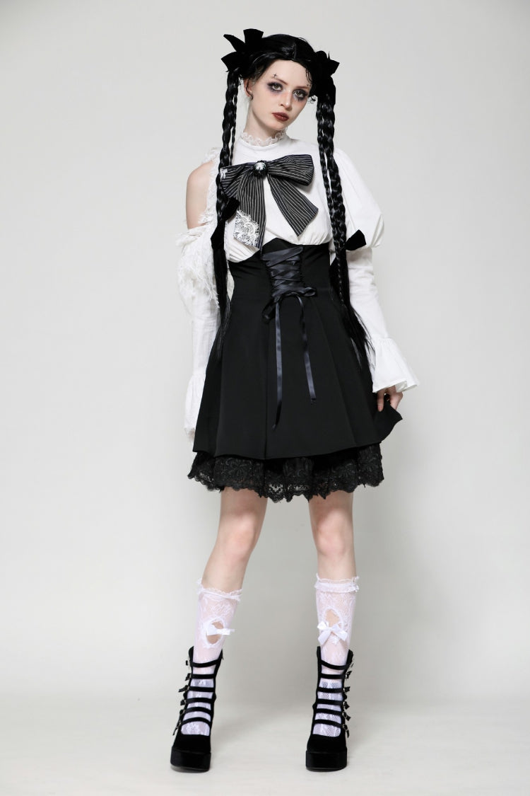 Lace High Collar Asymmetric Long Trumpet Puff Sleeves Bowknot Gothic Short Dress