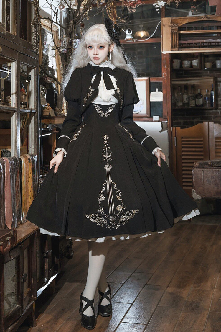 Black/White Violin Variations Ruffled Embroidered Gothic Lolita Jumper Gown Set