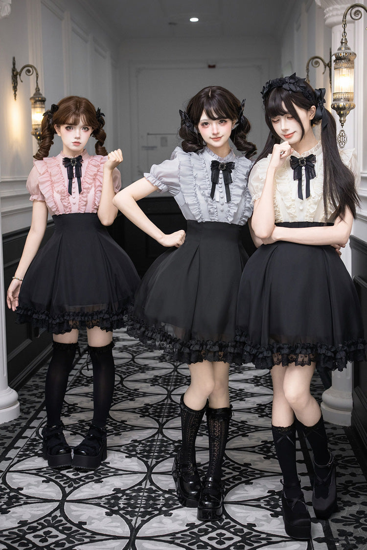 Miss Lola Snow Kiss Stand Collar Short Puff Sleeves Ruffled Color-Blocked Faux Two-Piece Sweet Lolita Dress 3 Colors - Black