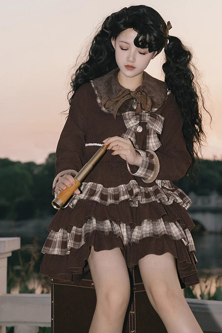 Chocolate Multi-Layer Bowknot College Autumn-Winter Princess Sweet Lolita Skirt Set