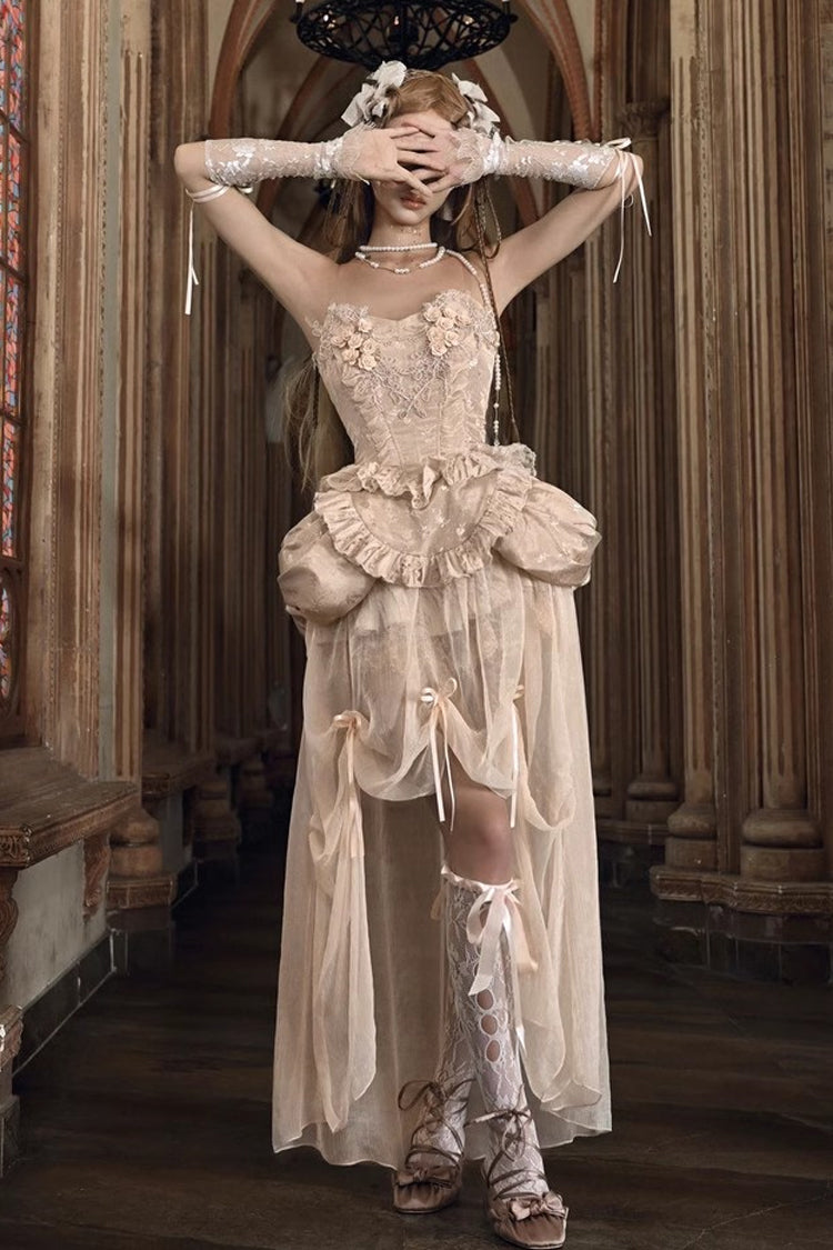 Gothic Apricot V-Collar Sleeveless High-Waist Ruffle Lace Corset Skirt Set