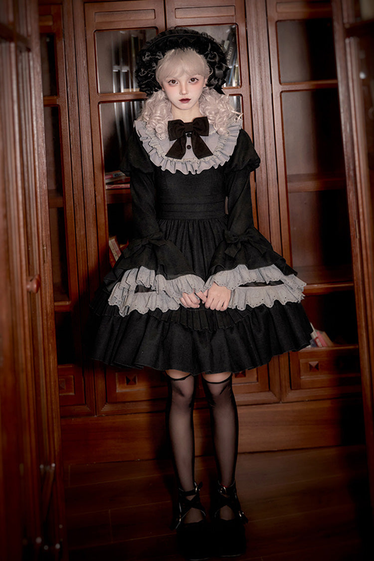 Long Hime-Sleeve Ruffled Bow Gothic Dress in Black