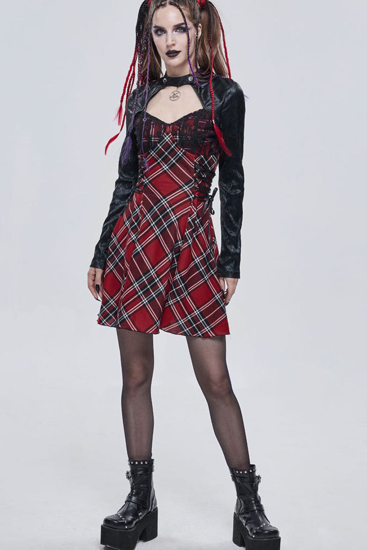 Red Plaid Knit Side Strap Pentagram Punk Dress