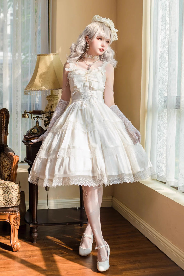 Ivory Sleeveless Multi-Layer Ruffle Bow Sweet Lolita JSK