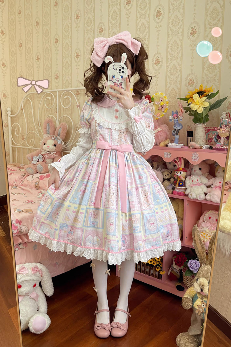 Lapel Collar Long Sleeve Printed Bow Sweet Lolita Dress