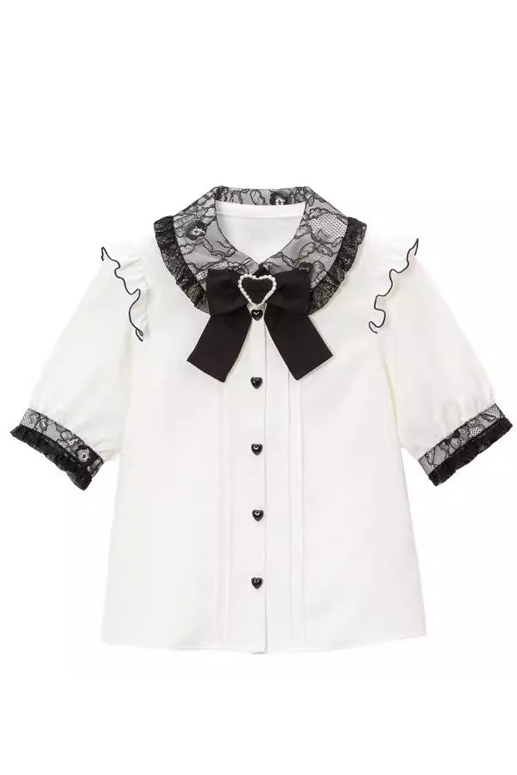 Japanese Lolita Blouse with Doll Collar, Short Sleeves, and Bow, 4 Colors