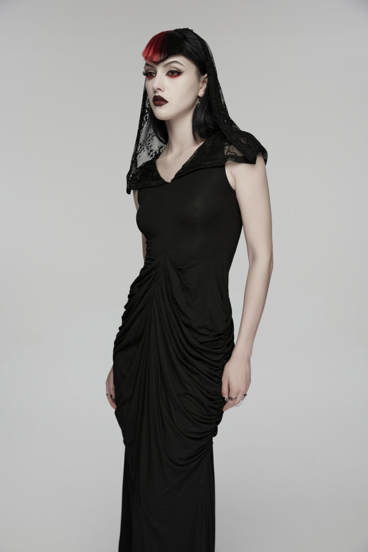 V Collar Short Puff Sleeves Cut-Out Lace Pleated Gothic Wedding Dress