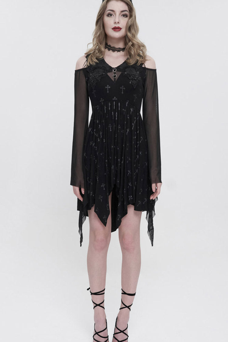 Cross Print Embroidered Beaded Neckline Mesh Flared Gothic Dress