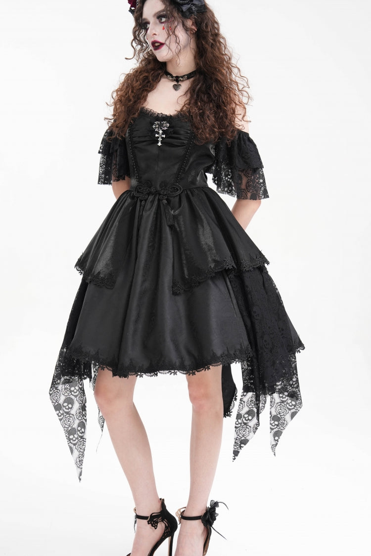 Delicate Black Lace Lace-Up Irregular Hem Halter Gothic Dress