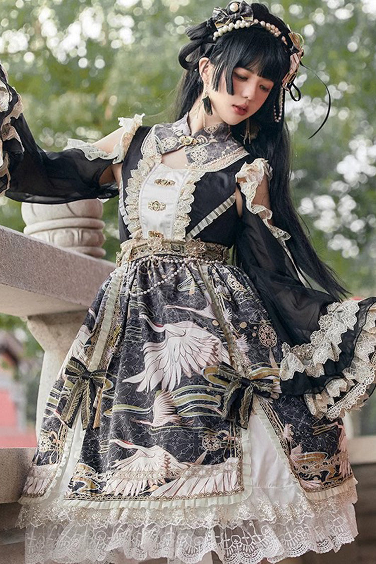 Chinese Style Long Sleeve Print Ruffle Lace Sweet Lolita Dress