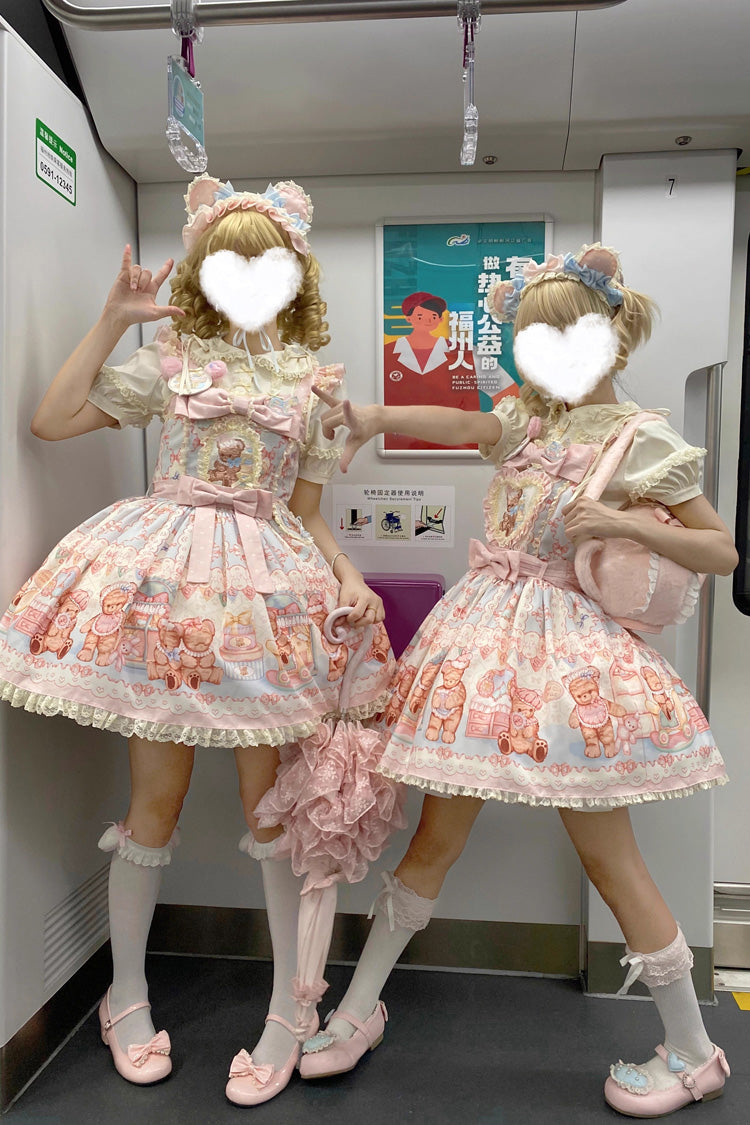 Bear Anniversary Celebration Sleeveless Printed Ruffled Bow Sweet Lolita Tank Dress Two Colors
