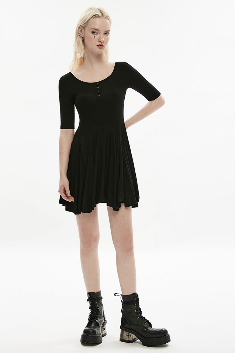 Ebony Crewneck Half-Sleeve Skull Single-Breasted Gothic Dress for Women