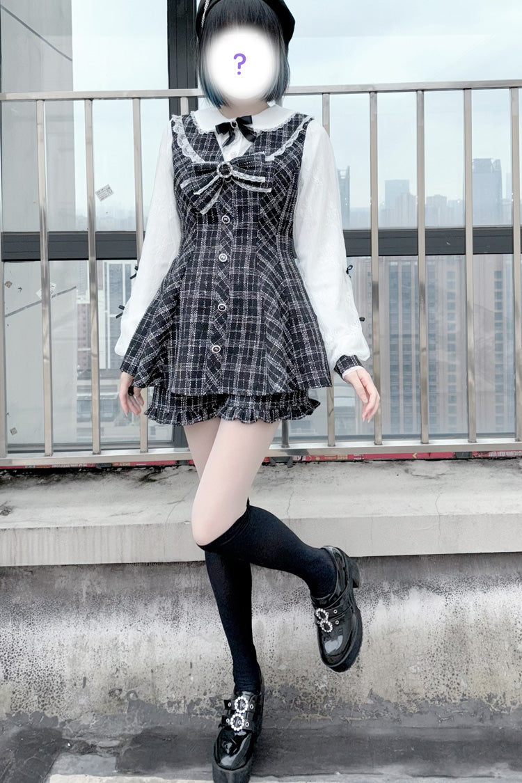 Black/White Love Sonata Long Sleeve Ruffle Bow Lace Jirai Kei Dress Set