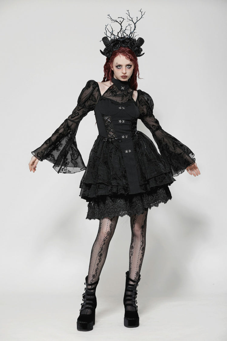 Majestic Black Multi-Layered Lace Trumpet Puff Sleeve Halter Gothic Lolita Graduation Gown