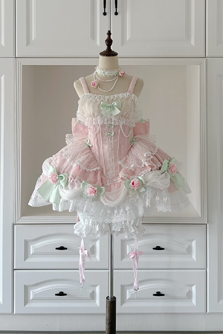 Sleeveless Ruffle Embroidery Bow Lace Pearl Sweet Lolita Jumper Dress - Pink