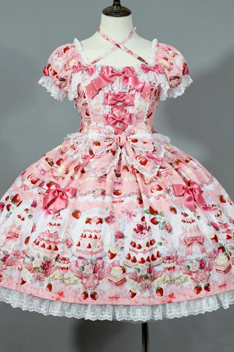 Square Collar Bowknot Lace Sweet Dress with Short Sleeves - Strawberry Cake Bouquet