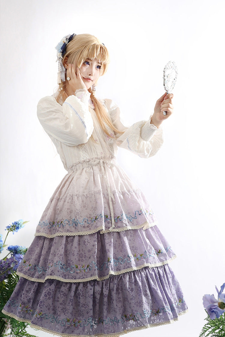 Violet Moonlight Iris Triple Layer Printed Ruffled Lace Lolita Skirt