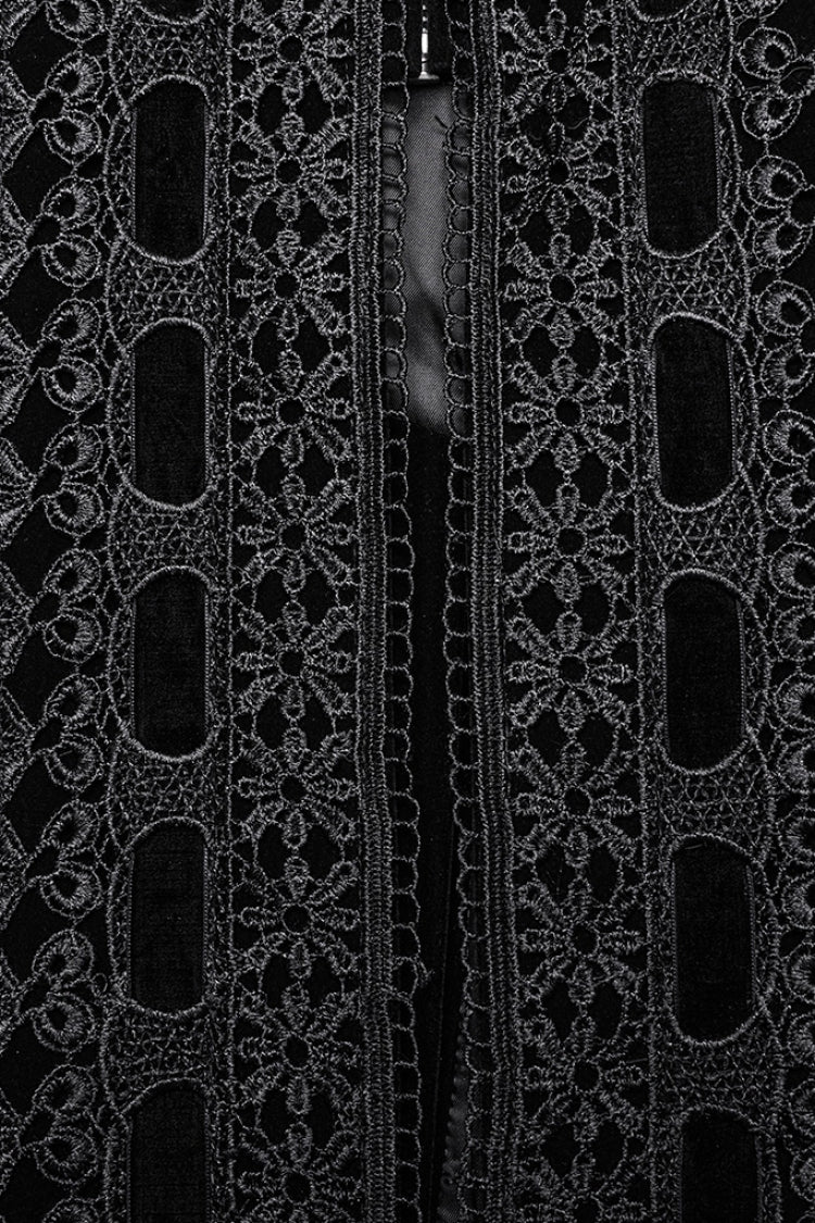 Jet-Black Gothic Coat with Puffed Sleeves and Floral Embroidery