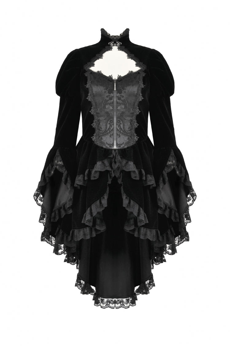Jet-Black Gothic Coatlet with Layered Ruffles and High-Low Hem for Women