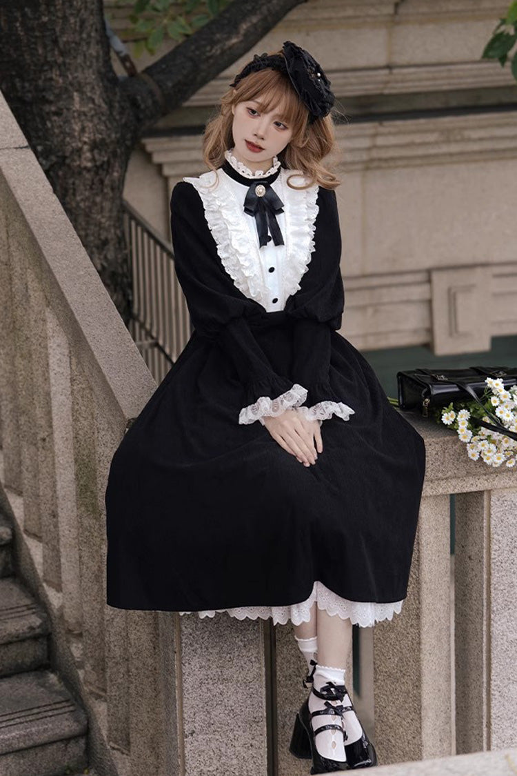 Black-White Silent Poetry Nun Bowknot Long Sleeve Gothic Lolita Dress