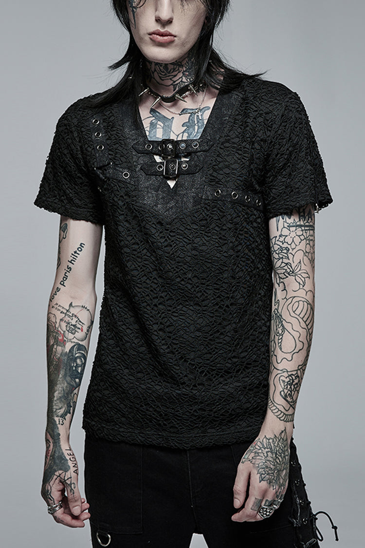 Steampunk Mesh Tee with Buckle Accents for Men