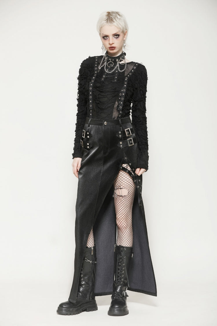 Coal Leather Skirt with Buckle Accents and Side Slit